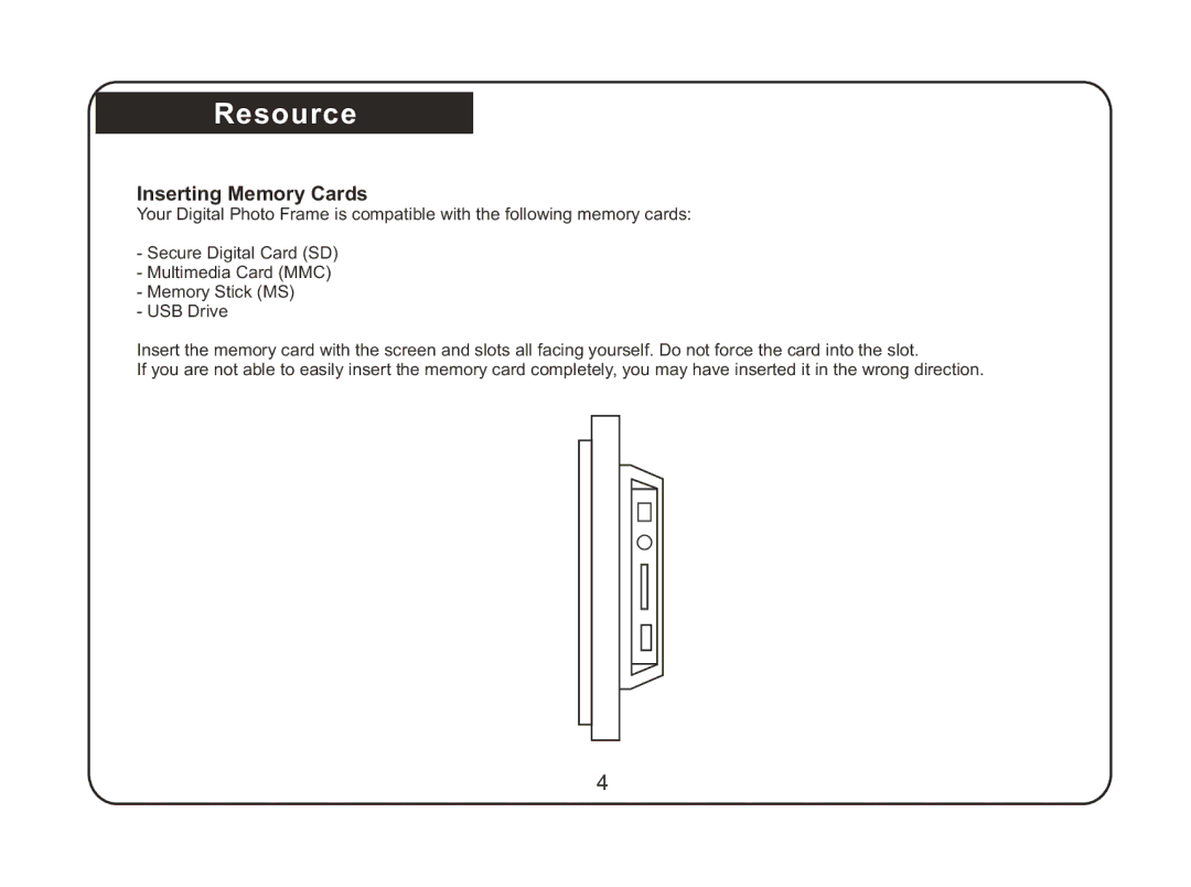 Magnasonic 07MF117 instruction manual Resource, Inserting Memory Cards 