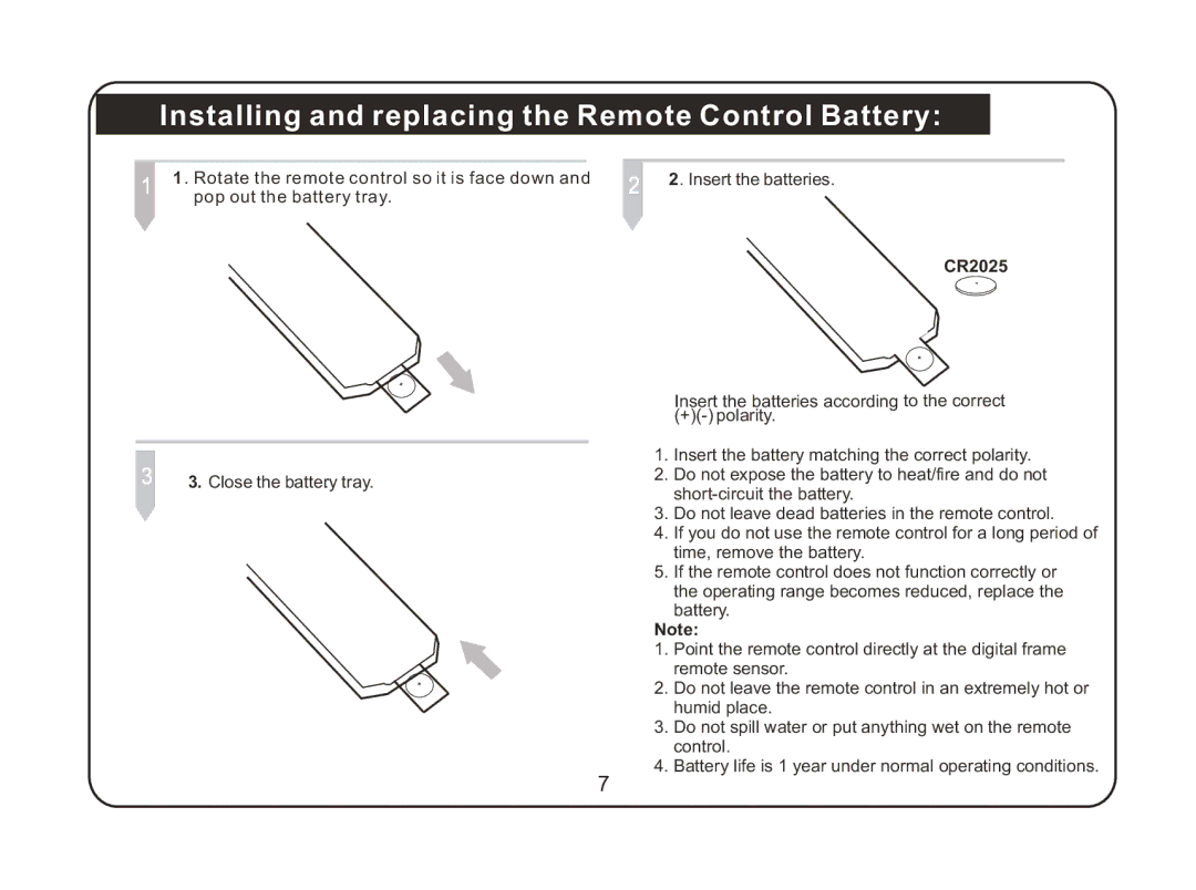 Magnasonic 07MF117 instruction manual Installing and replacing the Remote Control Battery, CR2025 