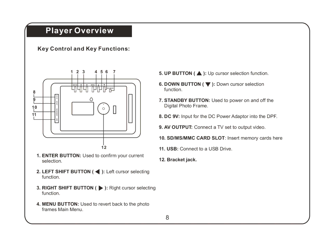 Magnasonic 07MF117 Player Overview, Key Control and Key Functions, UP Button Up cursor selection function 