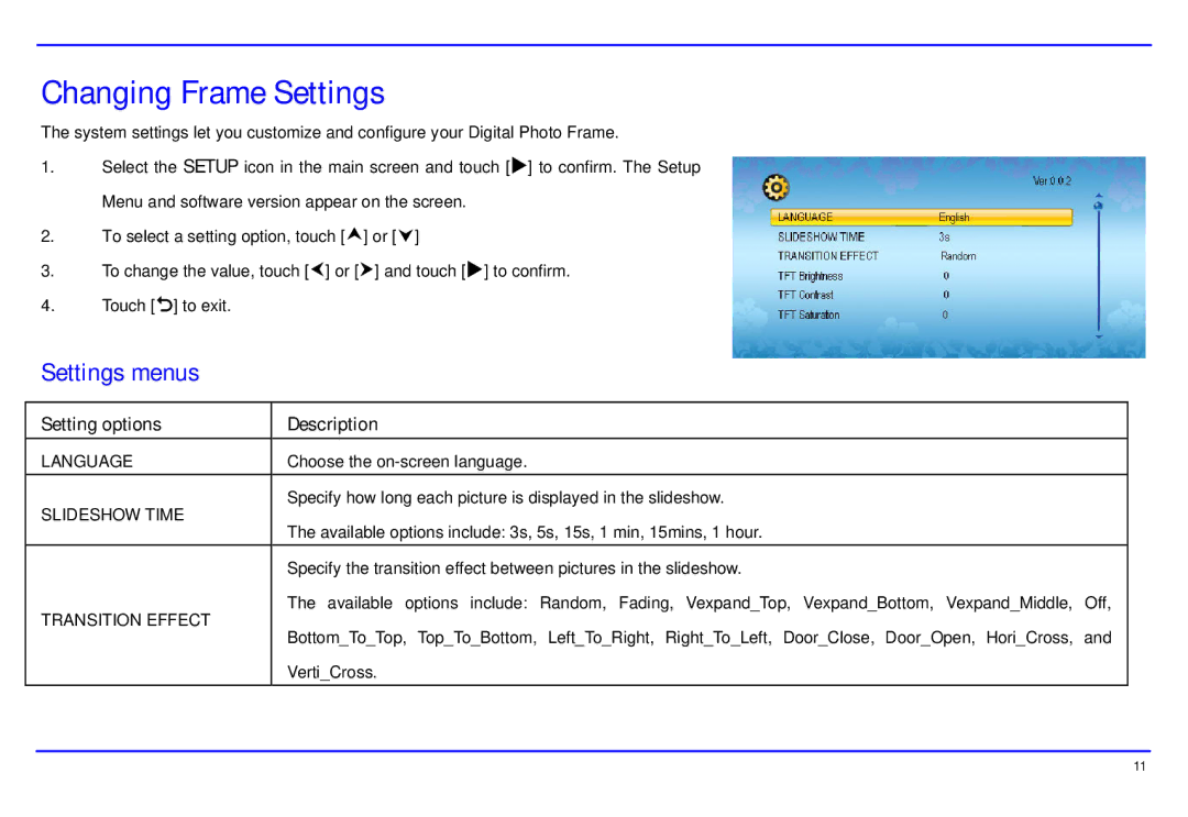 Magnasonic 07MF119 instruction manual Changing Frame Settings, Settings menus, Setting options, Description 