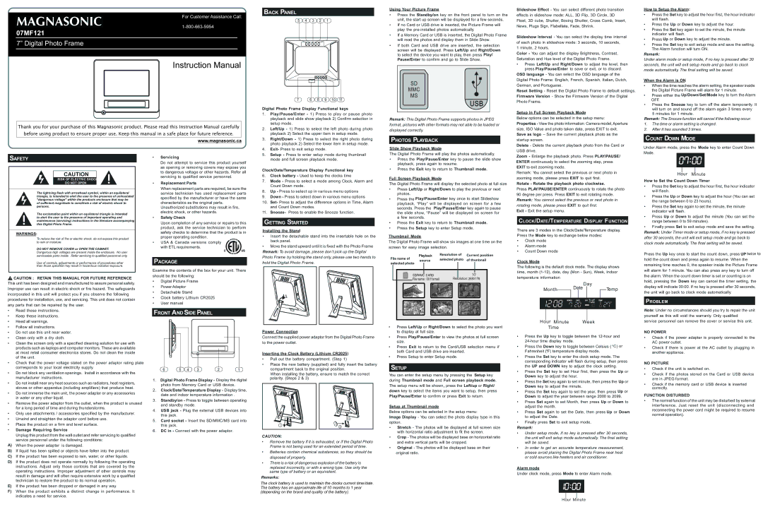 Magnasonic 07MF121 instruction manual Back Panel, Photos Playback, Count Down Mode, Safety, Package, Front and Side Panel 