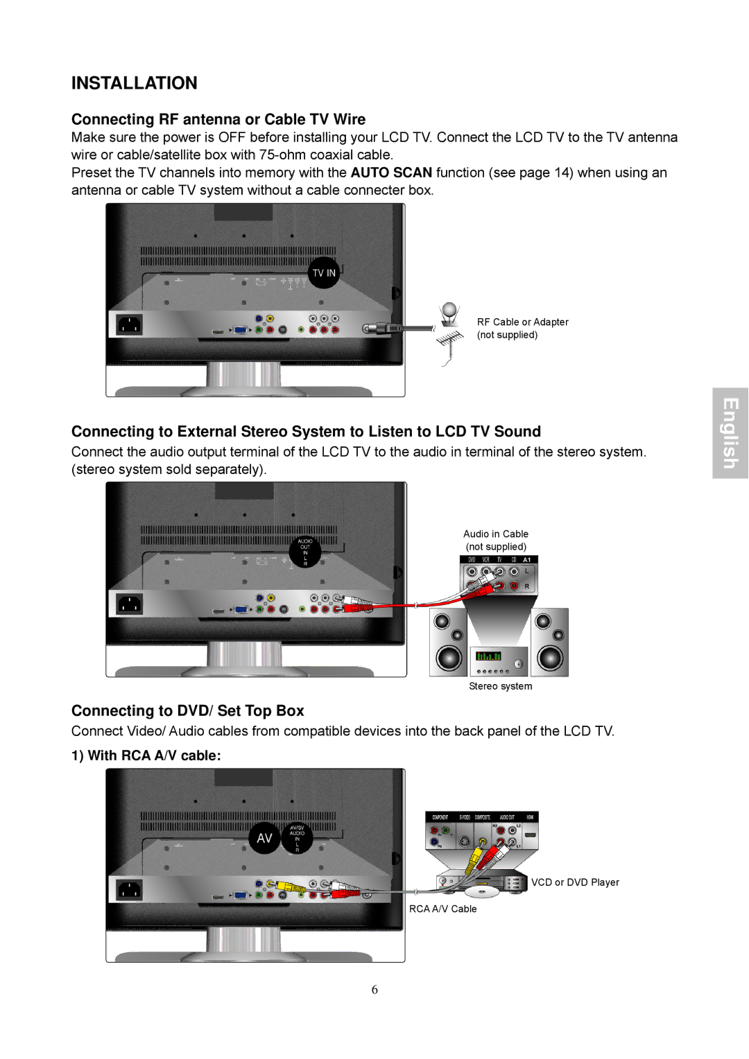 Magnasonic 26604MHD instruction manual Installation, Connecting RF antenna or Cable TV Wire, Connecting to DVD/ Set Top Box 