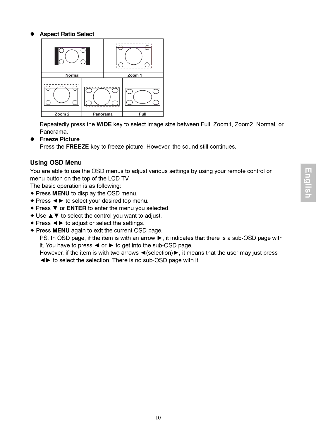 Magnasonic 26604MHD instruction manual Using OSD Menu, Aspect Ratio Select 