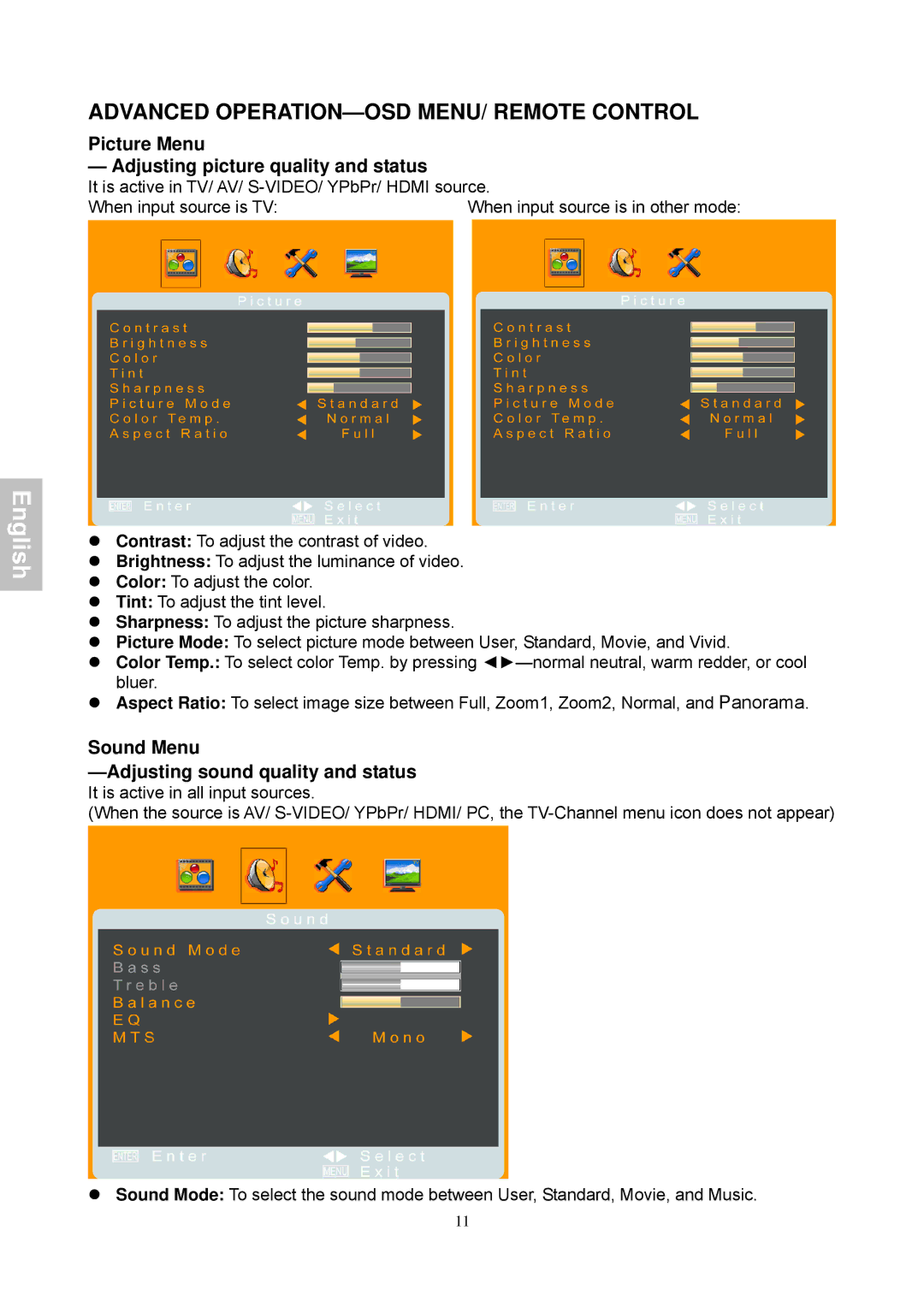 Magnasonic 26604MHD Advanced OPERATION-OSD MENU/ Remote Control, Picture Menu Adjusting picture quality and status 