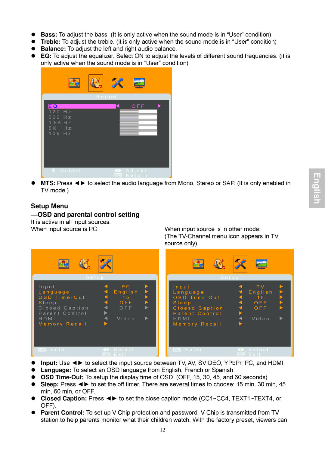 Magnasonic 26604MHD instruction manual English, Setup Menu OSD and parental control setting 