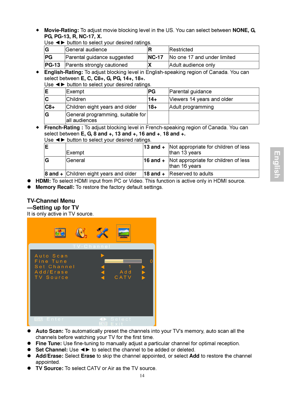 Magnasonic 26604MHD instruction manual TV-Channel Menu -Setting up for TV 