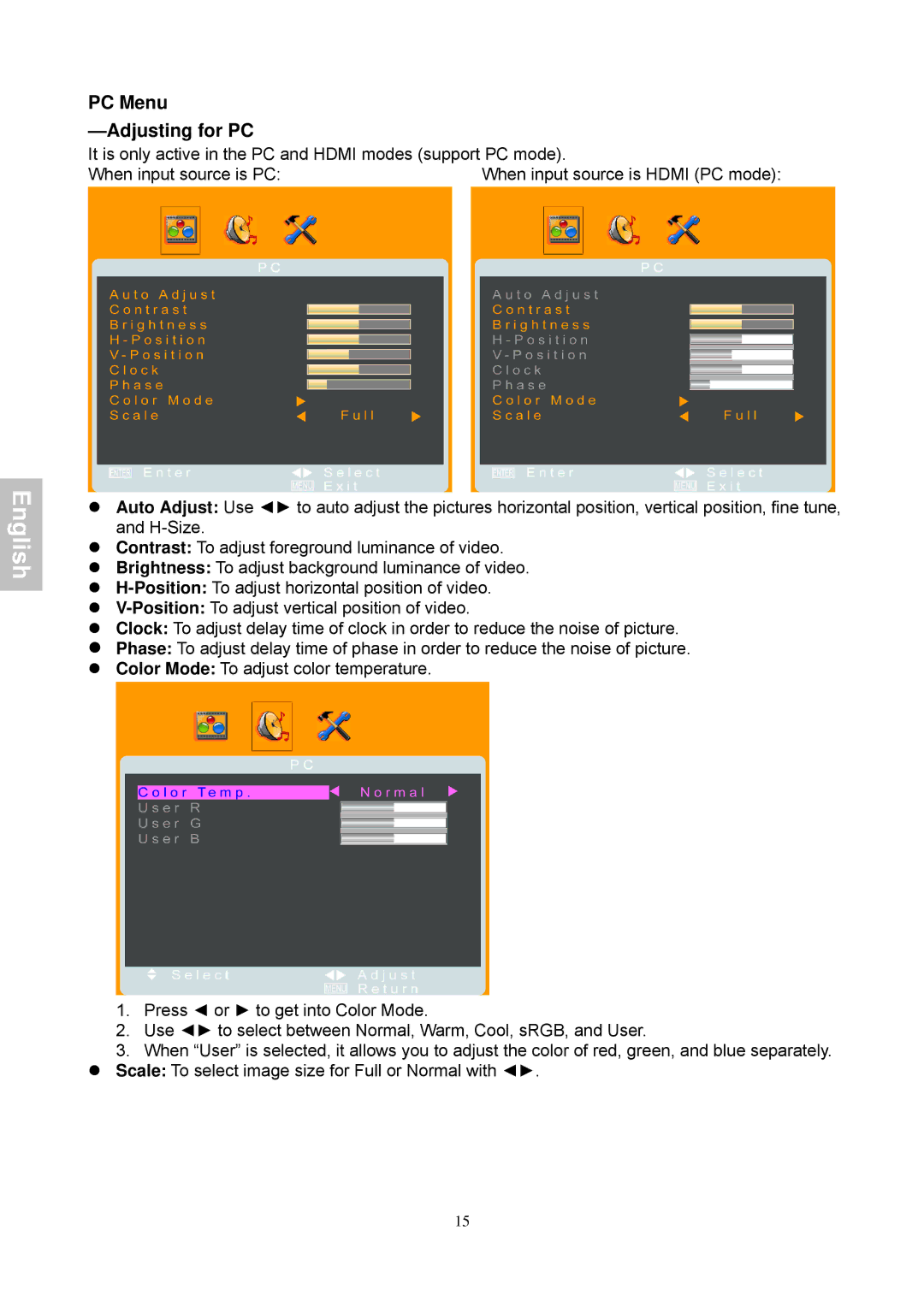 Magnasonic 26604MHD instruction manual PC Menu -Adjusting for PC 