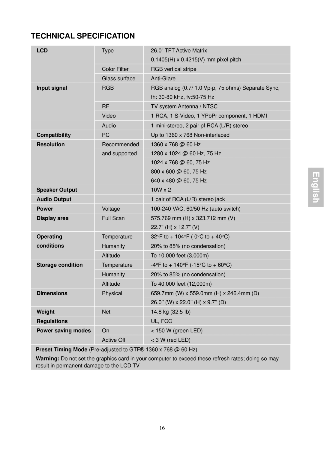 Magnasonic 26604MHD instruction manual Technical Specification, Lcd 