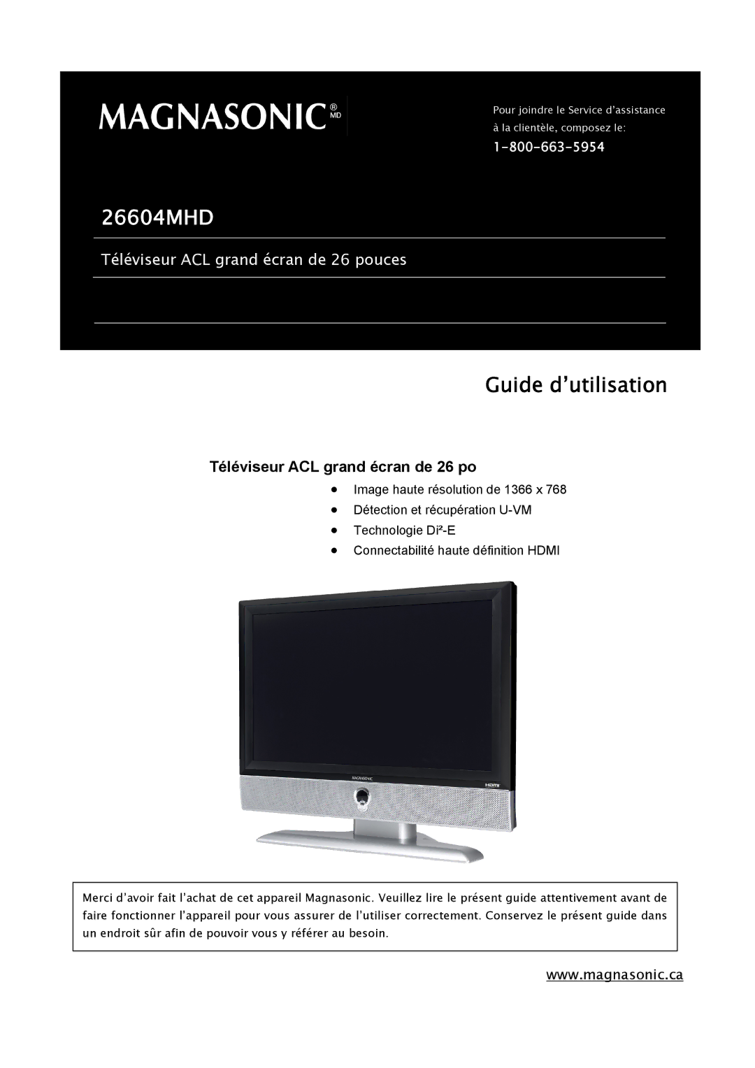 Magnasonic 26604MHD instruction manual Guide d’utilisation, Téléviseur ACL grand écran de 26 po 