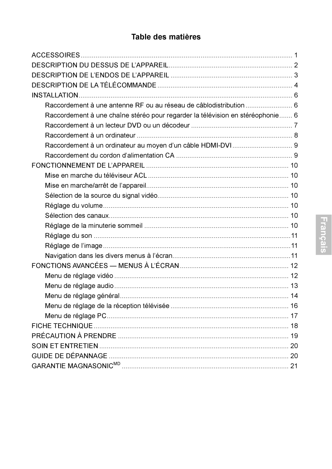 Magnasonic 26604MHD instruction manual Table des matières 