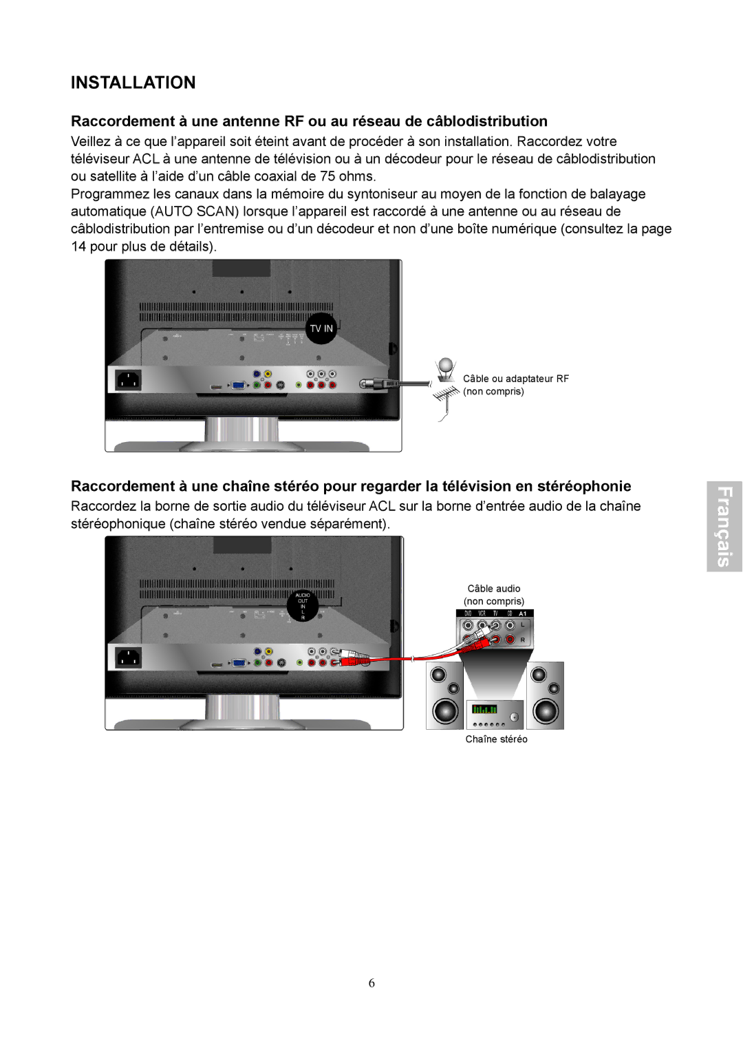 Magnasonic 26604MHD instruction manual Câble ou adaptateur RF non compris 