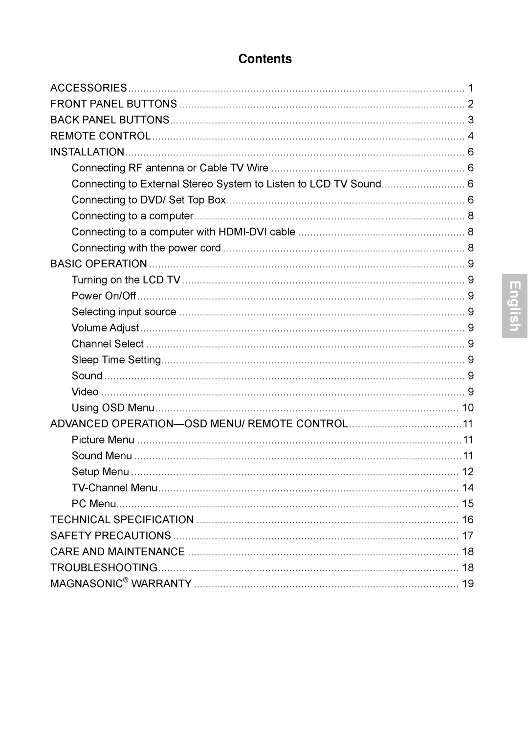 Magnasonic 26604MHD instruction manual Contents 