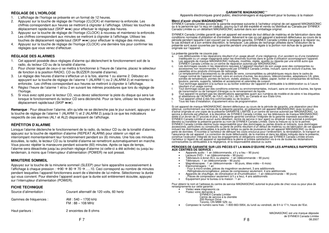Magnasonic CRD1180M Réglage DE L’HORLOGE, Réglage DES Alarmes, Répétiton D’ALARME, Minuterie Sommeil, Fiche Technique 