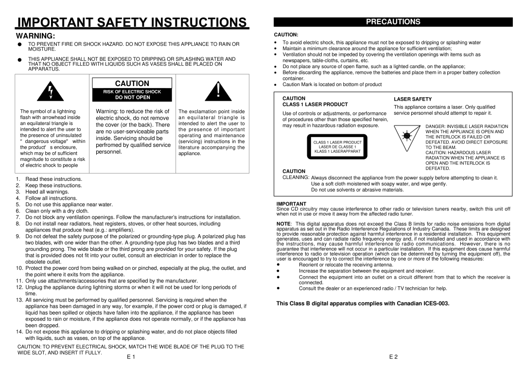 Magnasonic CRD1180M instruction manual Precautions 