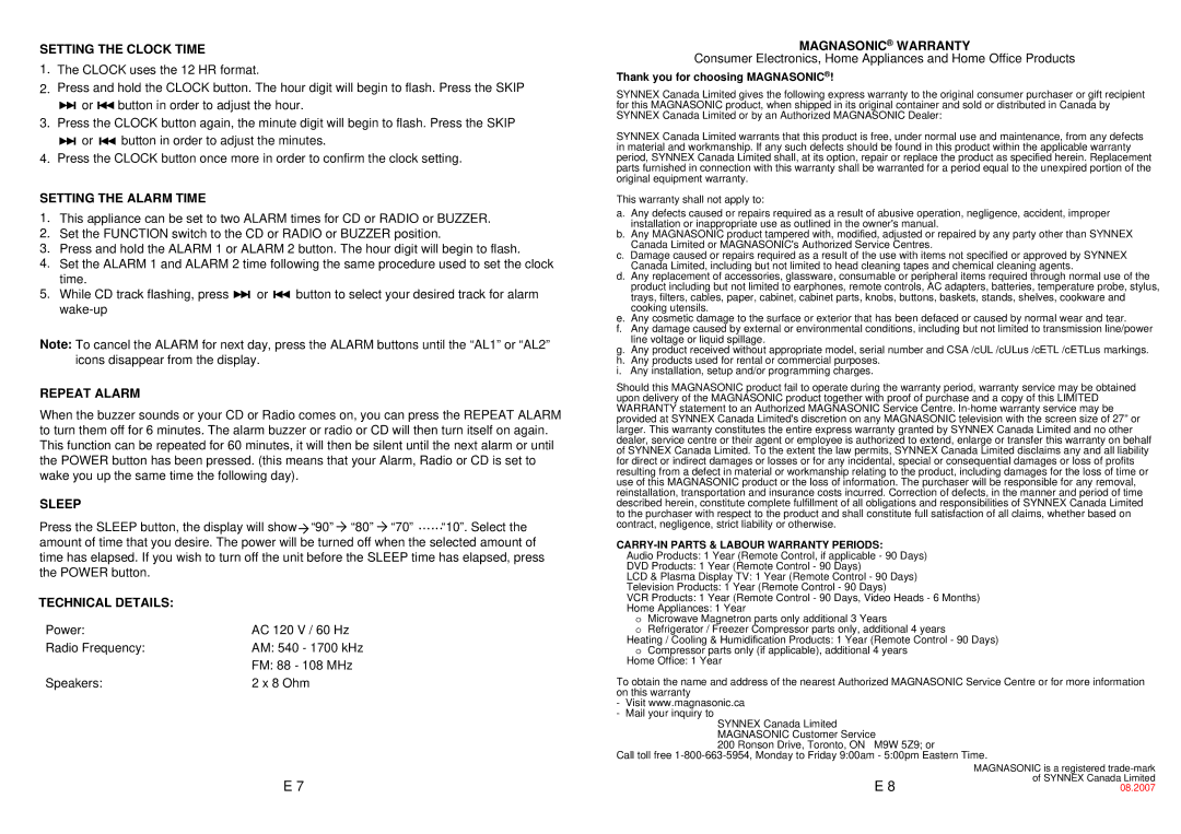 Magnasonic CRD1180M Setting the Clock Time, Setting the Alarm Time, Repeat Alarm, Sleep, Technical Details 