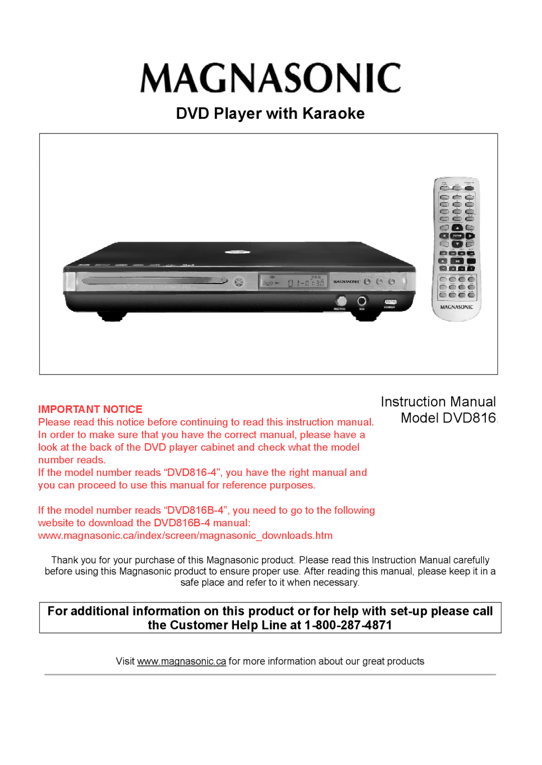 Magnasonic DVD816 instruction manual DVD Player with Karaoke 