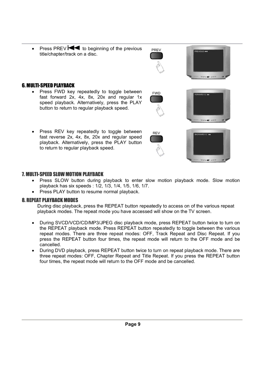 Magnasonic DVD816 instruction manual MULTI-SPEED Slow Motion Playback, Repeat Playback Modes 