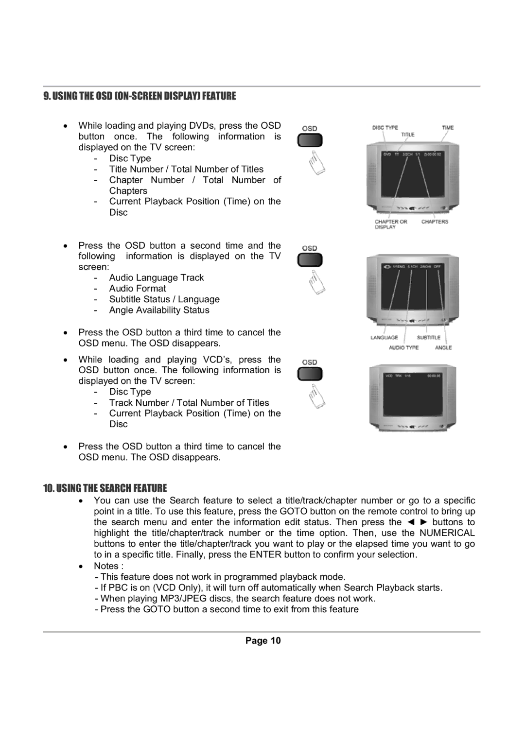 Magnasonic DVD816 instruction manual Using the OSD ON-SCREEN Display Feature, Using the Search Feature 