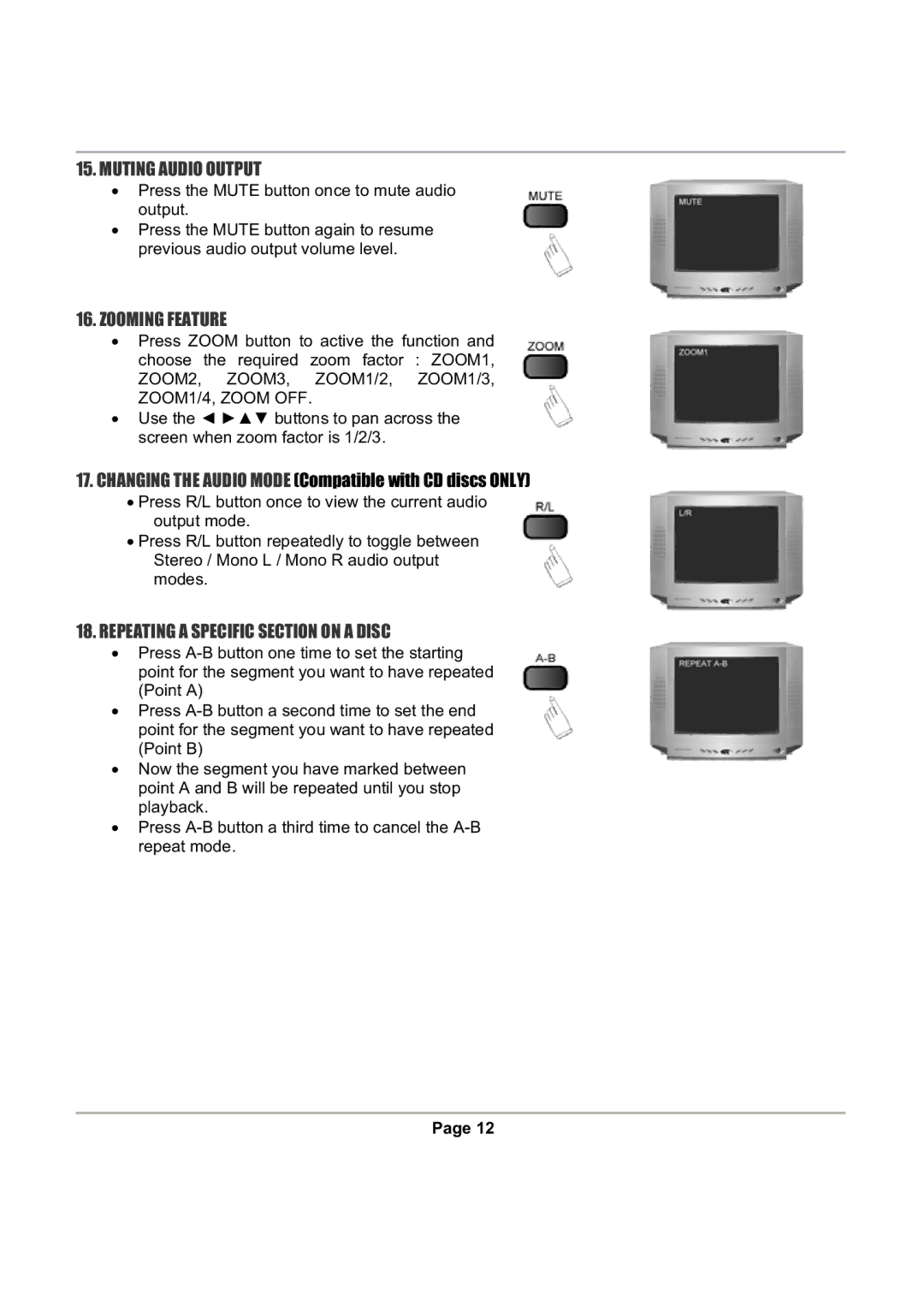 Magnasonic DVD816 instruction manual Muting Audio Output, Zooming Feature, Repeating a Specific Section on a Disc 