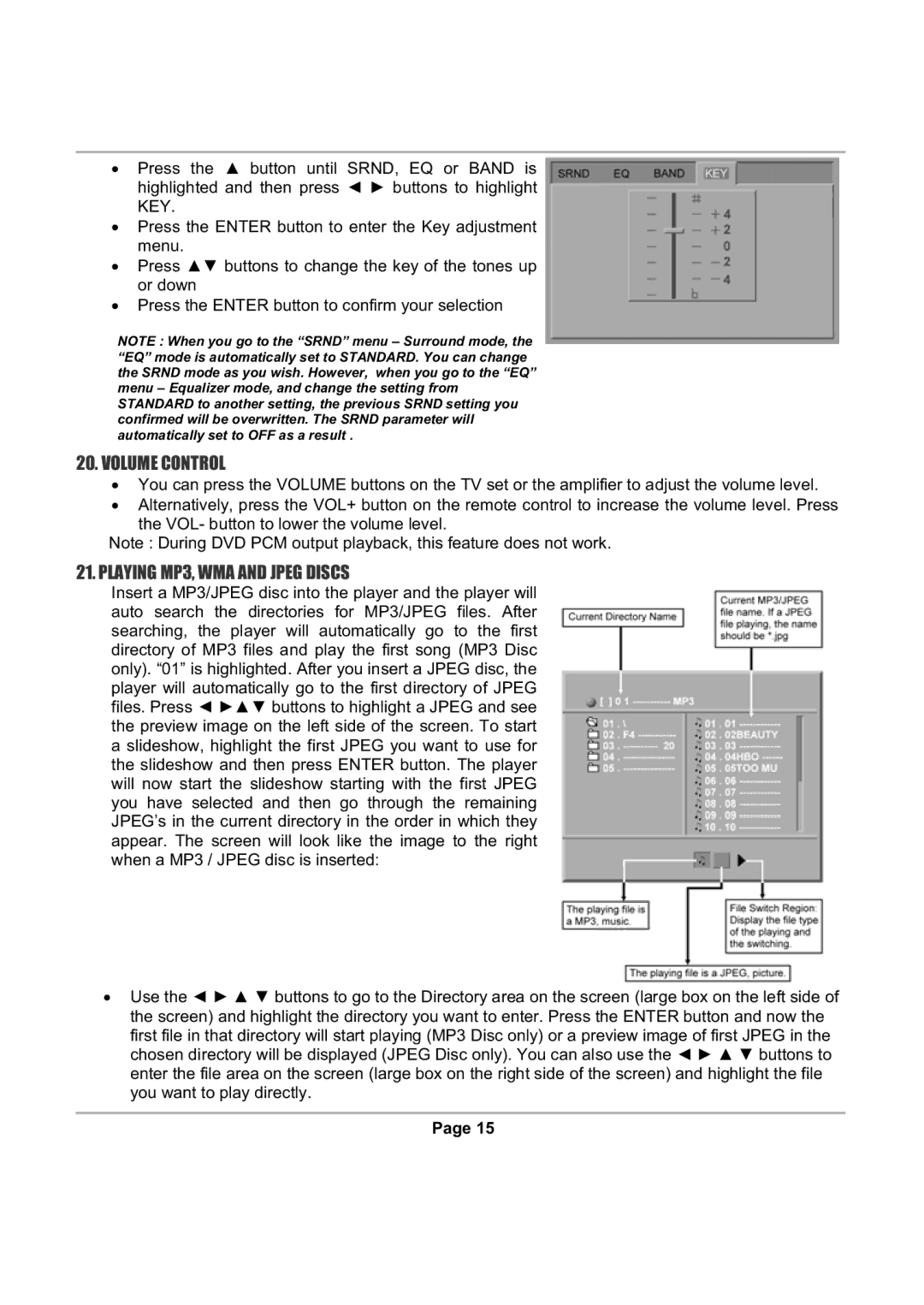 Magnasonic DVD816 instruction manual Volume Control, Playing MP3, WMA and Jpeg Discs 