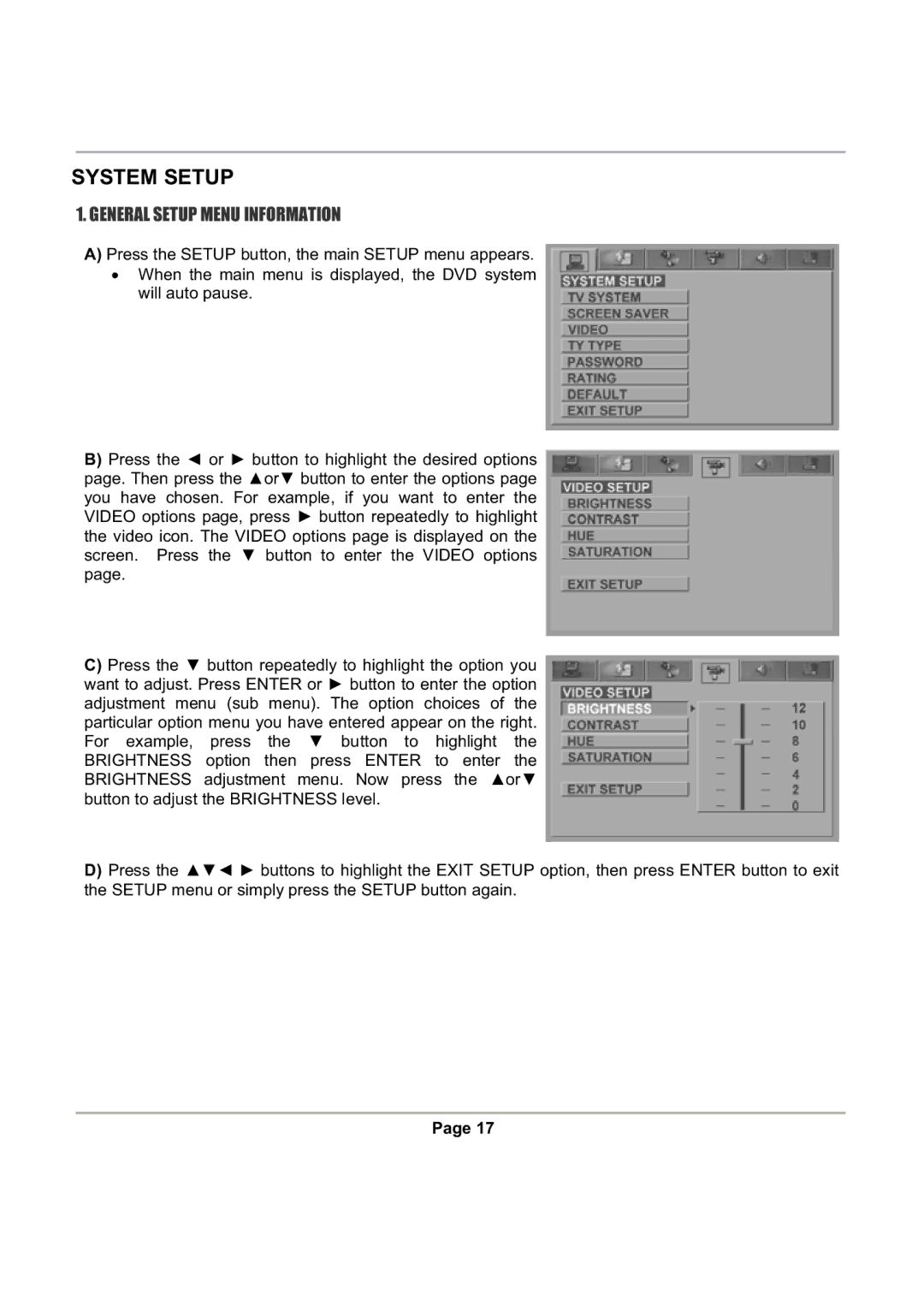 Magnasonic DVD816 instruction manual System Setup, General Setup Menu Information 