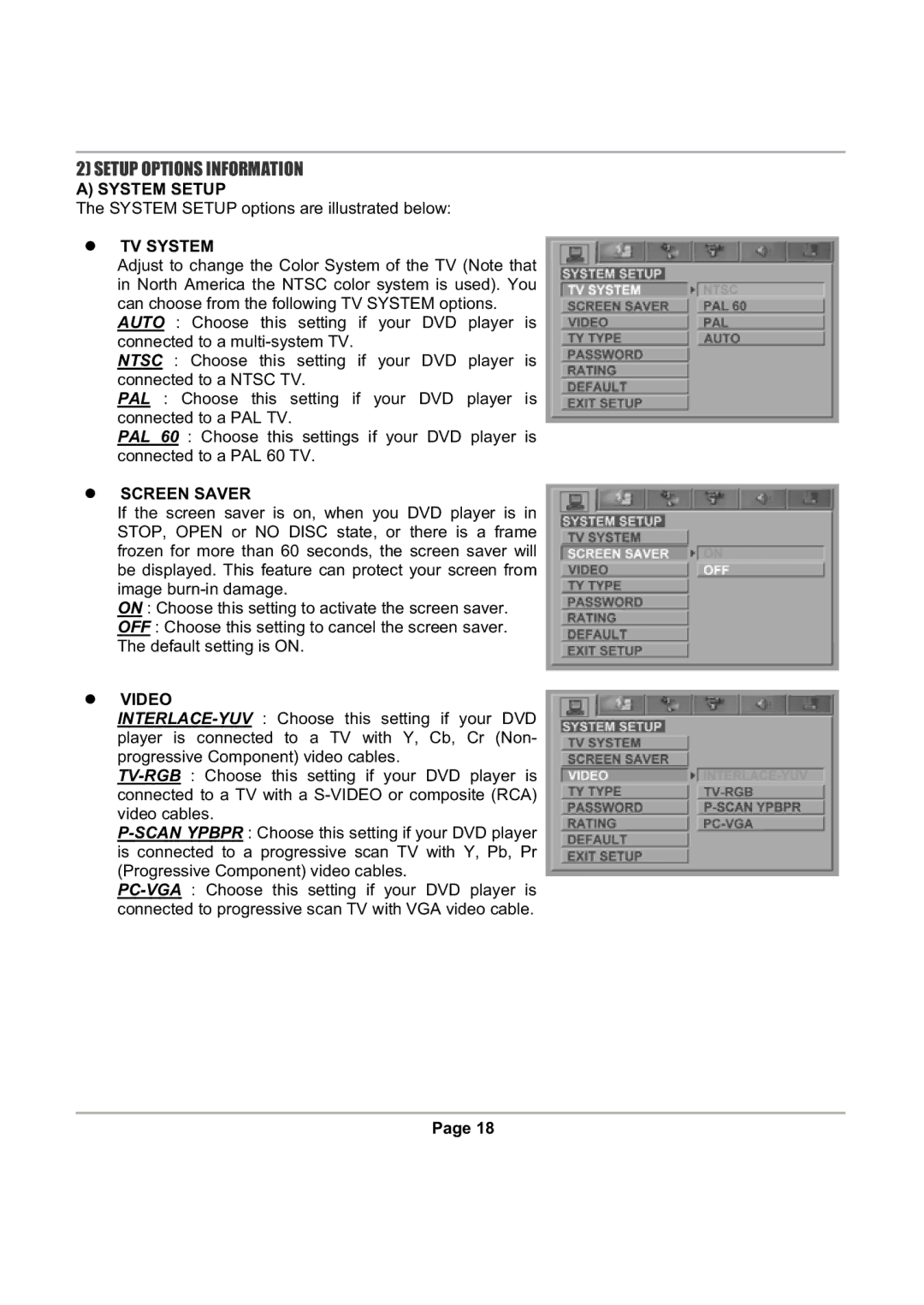 Magnasonic DVD816 instruction manual Setup Options Information, System Setup, TV System, Screen Saver, Video 