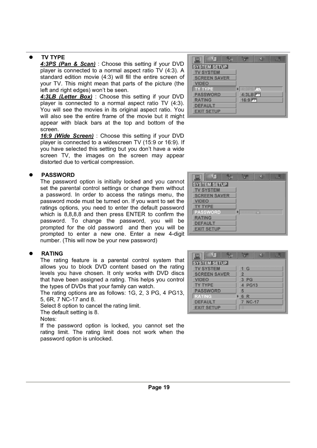 Magnasonic DVD816 instruction manual TV Type, Password, Rating 