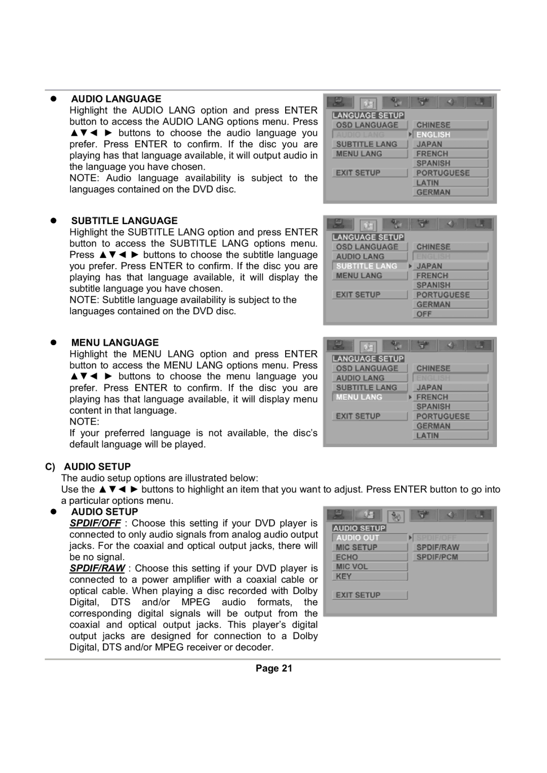 Magnasonic DVD816 instruction manual Audio Language, Subtitle Language, Menu Language, Audio Setup 