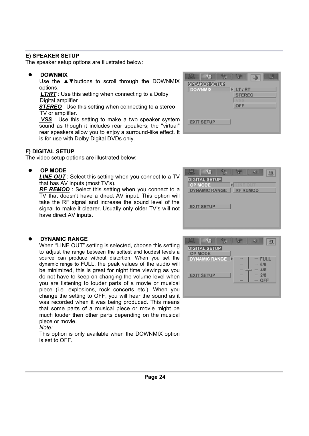 Magnasonic DVD816 instruction manual Speaker Setup, Downmix, Digital Setup, OP Mode, Dynamic Range 