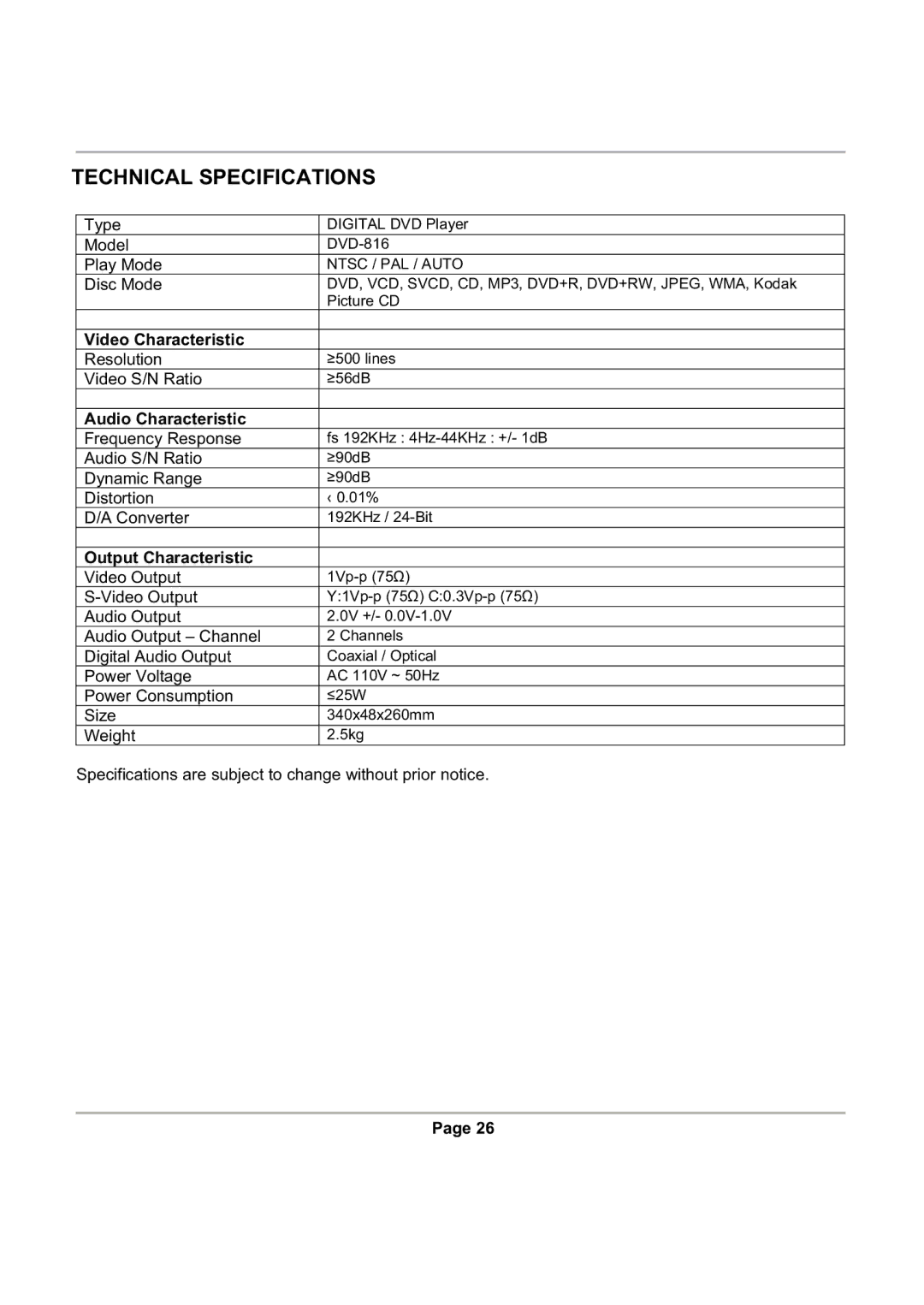 Magnasonic DVD816 Technical Specifications, Video Characteristic, Audio Characteristic, Output Characteristic 