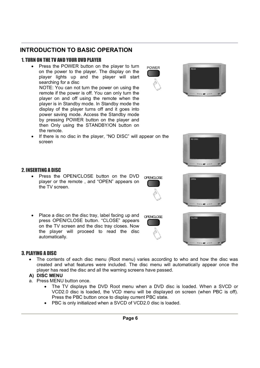 Magnasonic DVD816 Introduction to Basic Operation, Turn on the TV and Your DVD Player, Inserting a Disc, Playing a Disc 