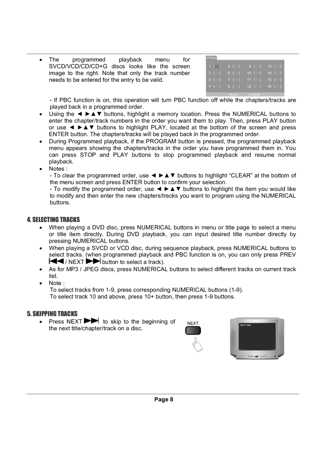 Magnasonic DVD816 instruction manual Selecting Tracks, Skipping Tracks 