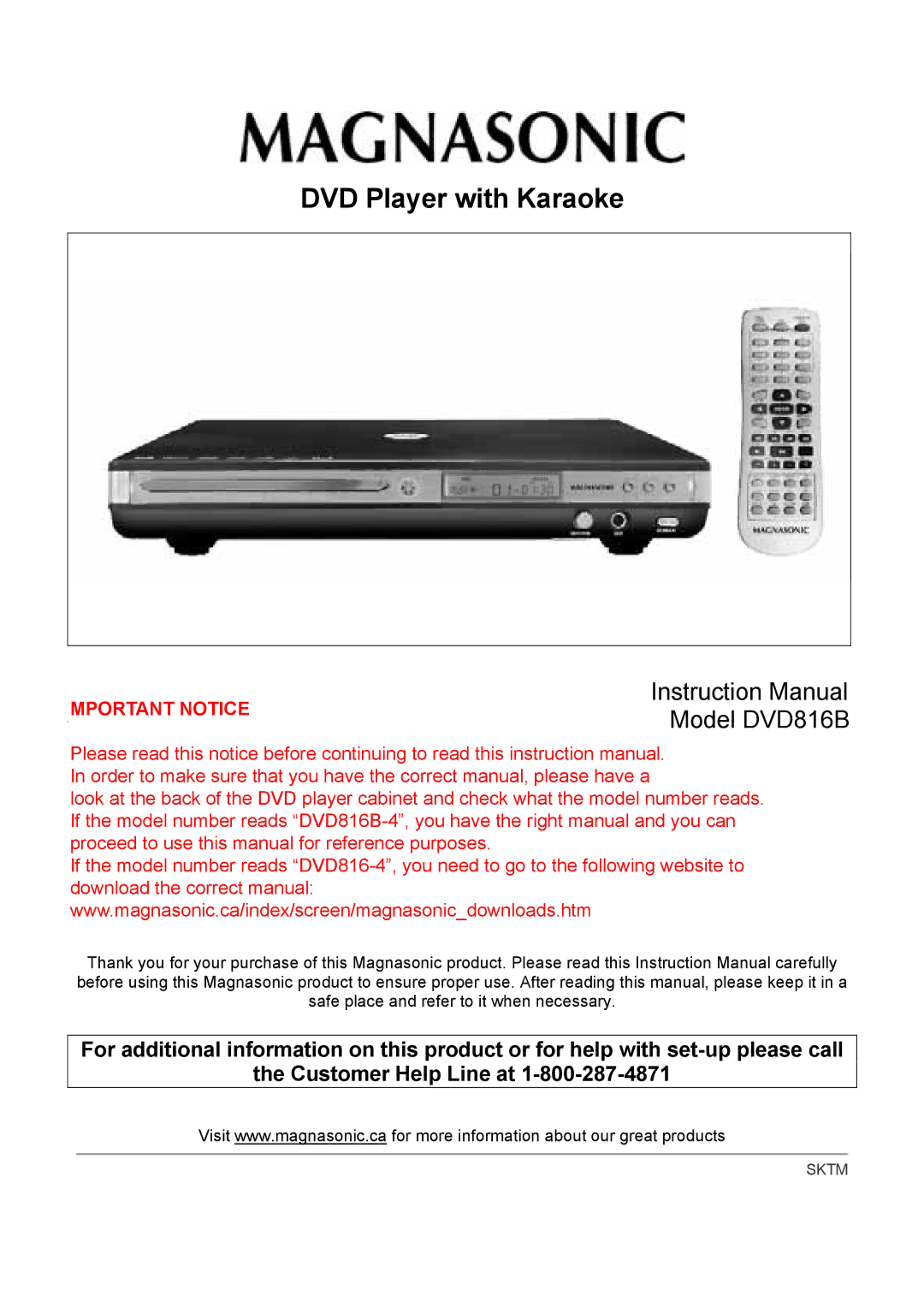 Magnasonic DVD816B instruction manual DVD Player with Karaoke 