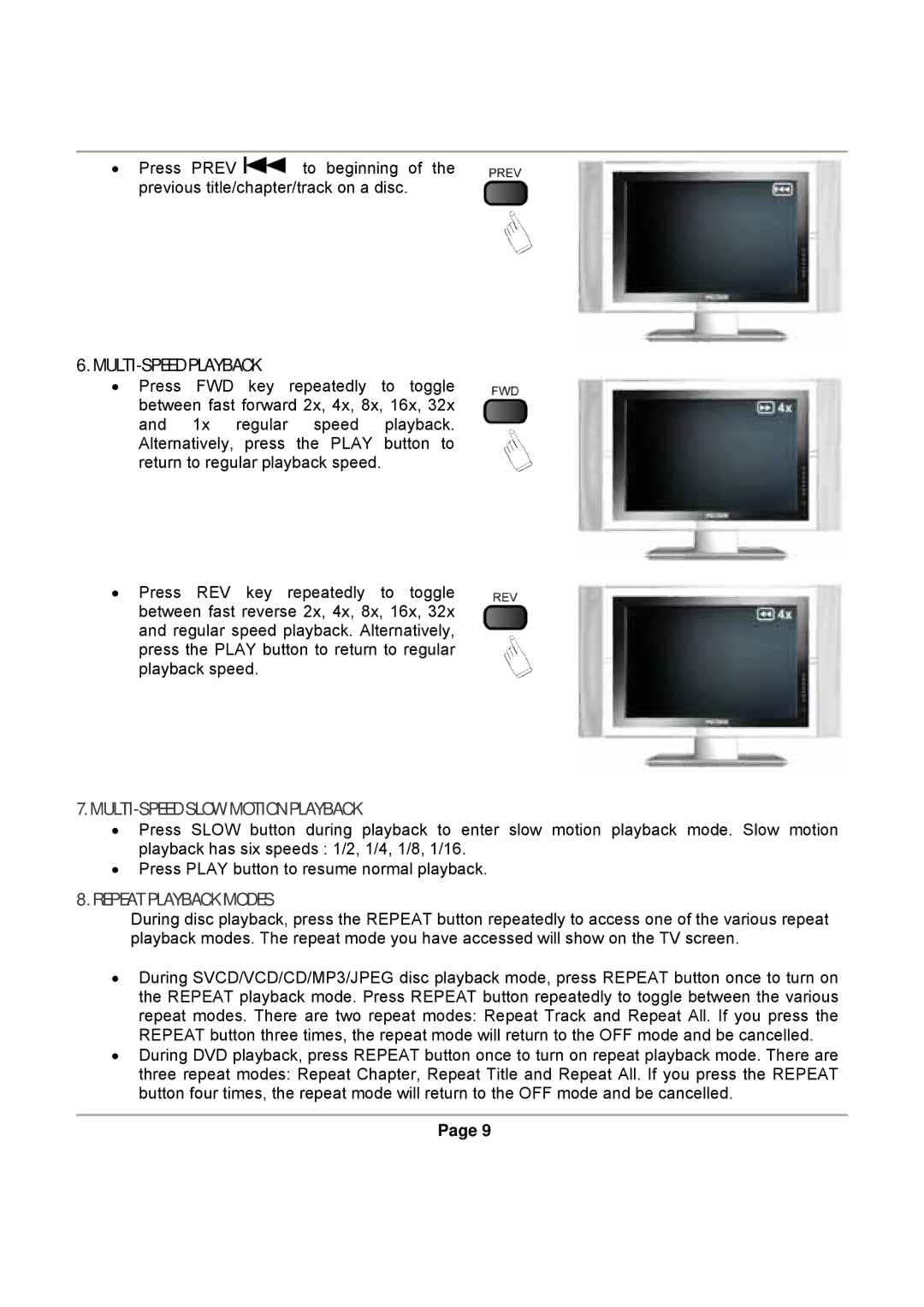 Magnasonic DVD816B instruction manual MULTI-SPEED Slow Motion Playback, Repeat Playback Modes 