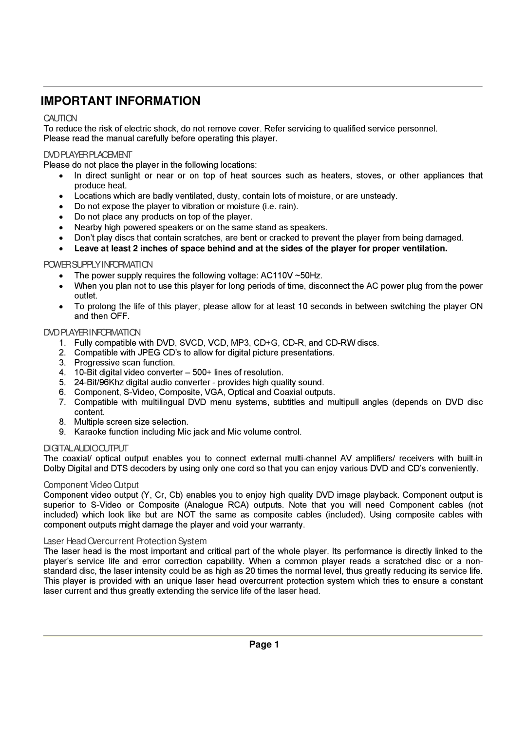 Magnasonic DVD816B instruction manual Important Information, DVD Player Placement 