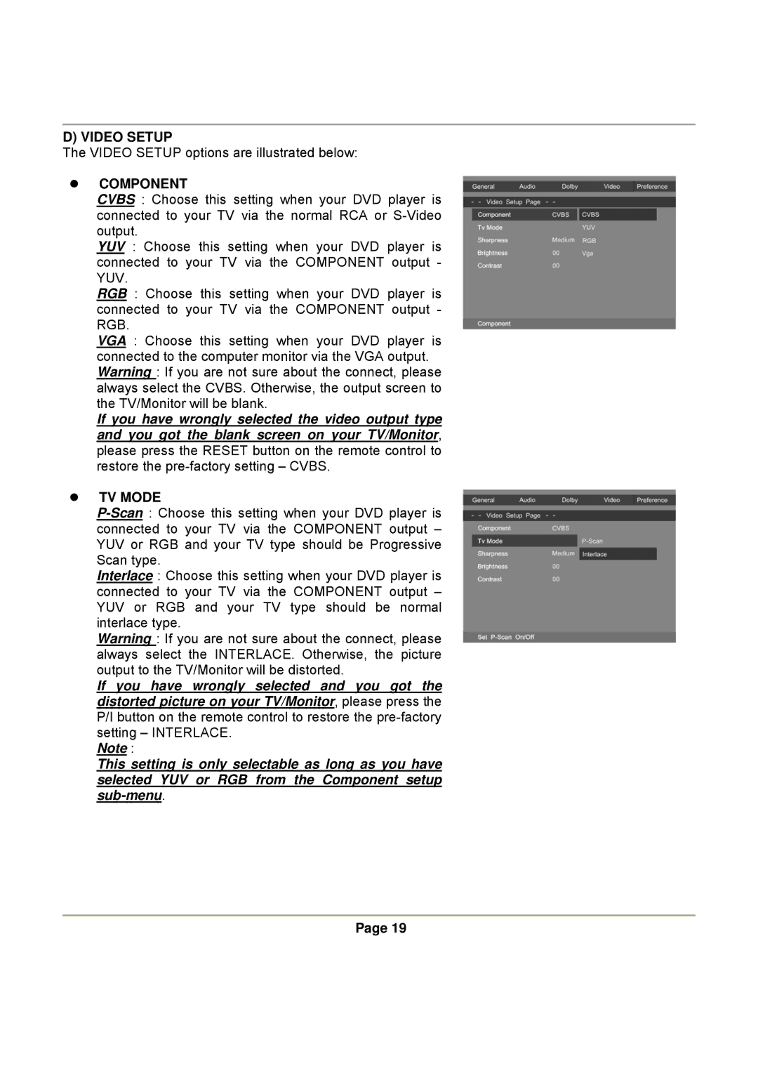 Magnasonic DVD816B instruction manual Video Setup, Component, TV Mode 