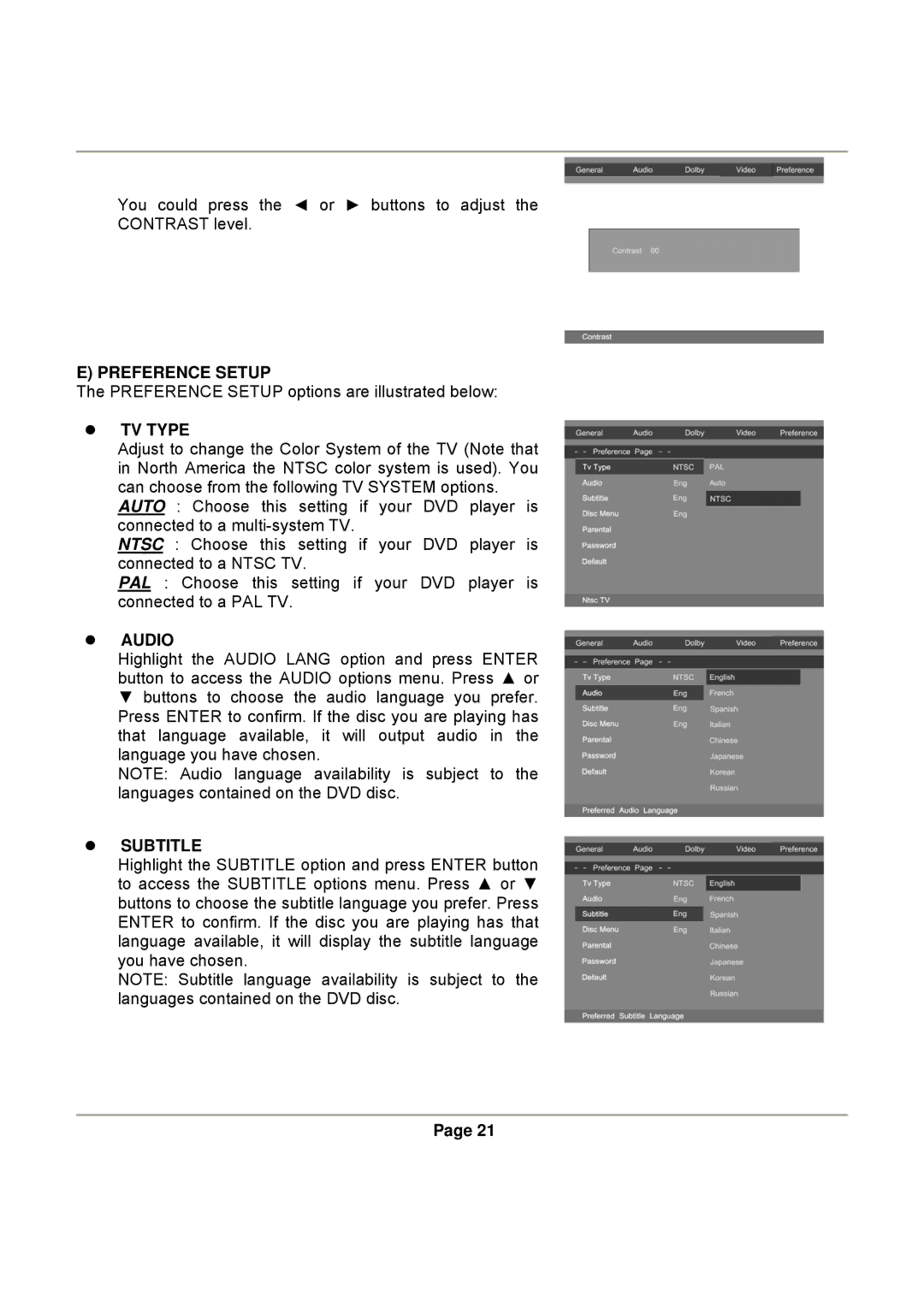 Magnasonic DVD816B instruction manual Preference Setup, TV Type, Audio, Subtitle 