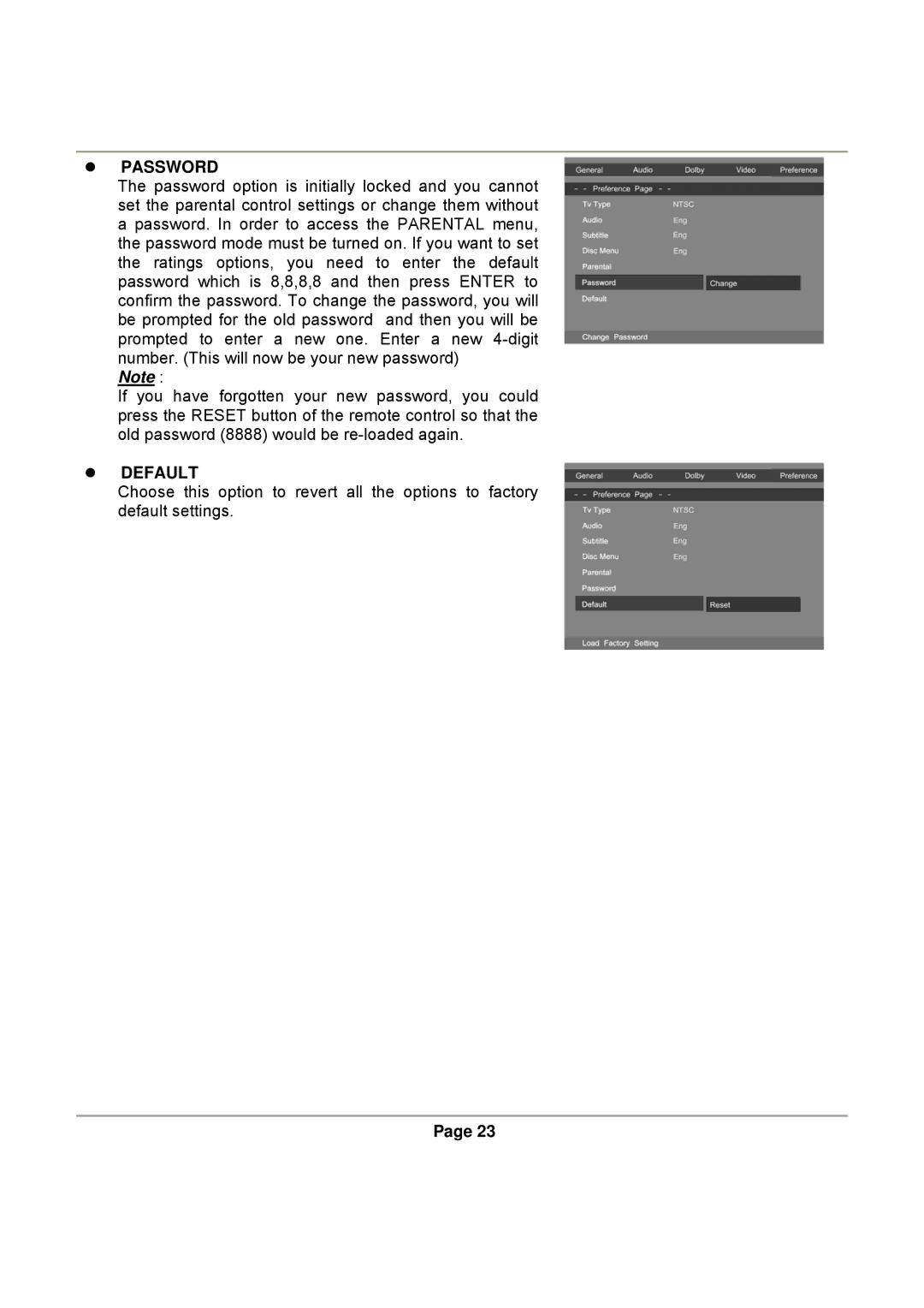 Magnasonic DVD816B instruction manual Password, Default 