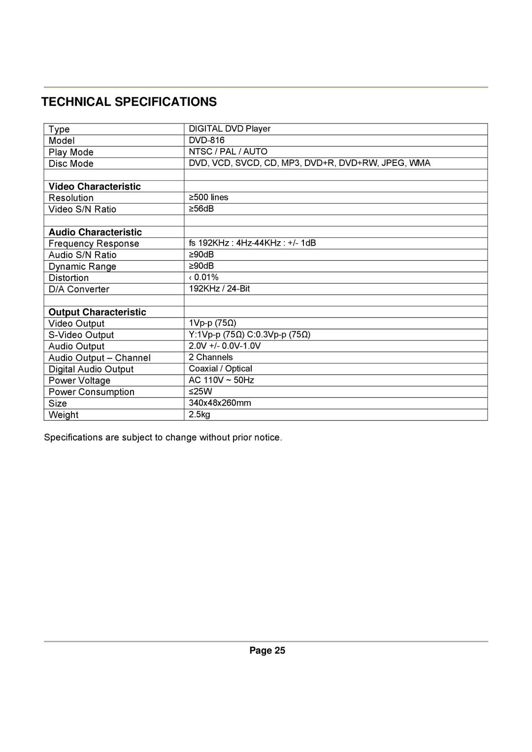 Magnasonic DVD816B Technical Specifications, Video Characteristic, Audio Characteristic, Output Characteristic 