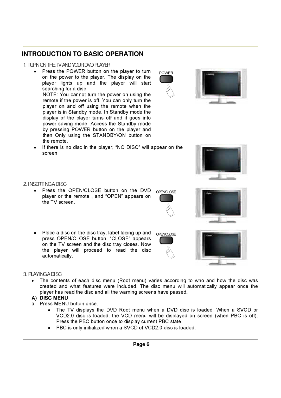 Magnasonic DVD816B Introduction to Basic Operation, Turn on the TV and Your DVD Player, Inserting a Disc, Playing a Disc 