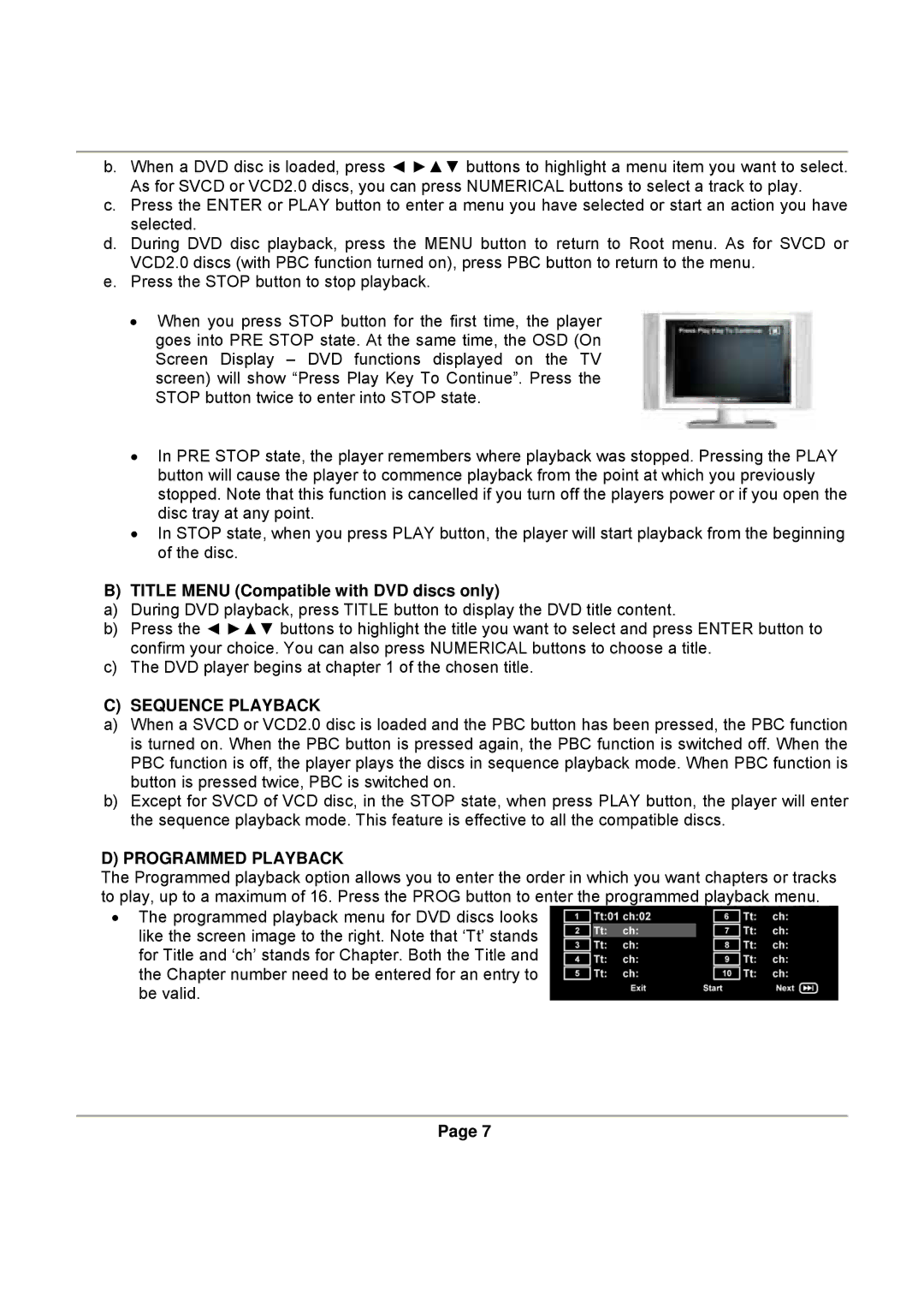 Magnasonic DVD816B instruction manual Title Menu Compatible with DVD discs only, Sequence Playback, Programmed Playback 