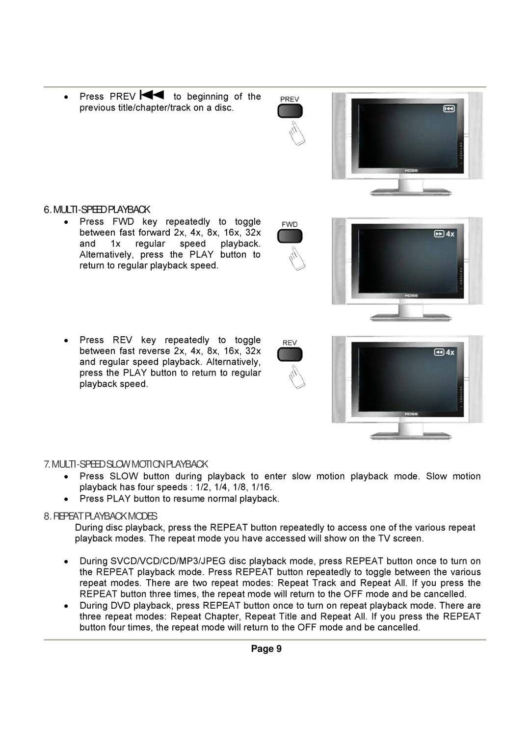 Magnasonic DVD830 instruction manual MULTI-SPEED Slow Motion Playback, Repeat Playback Modes 