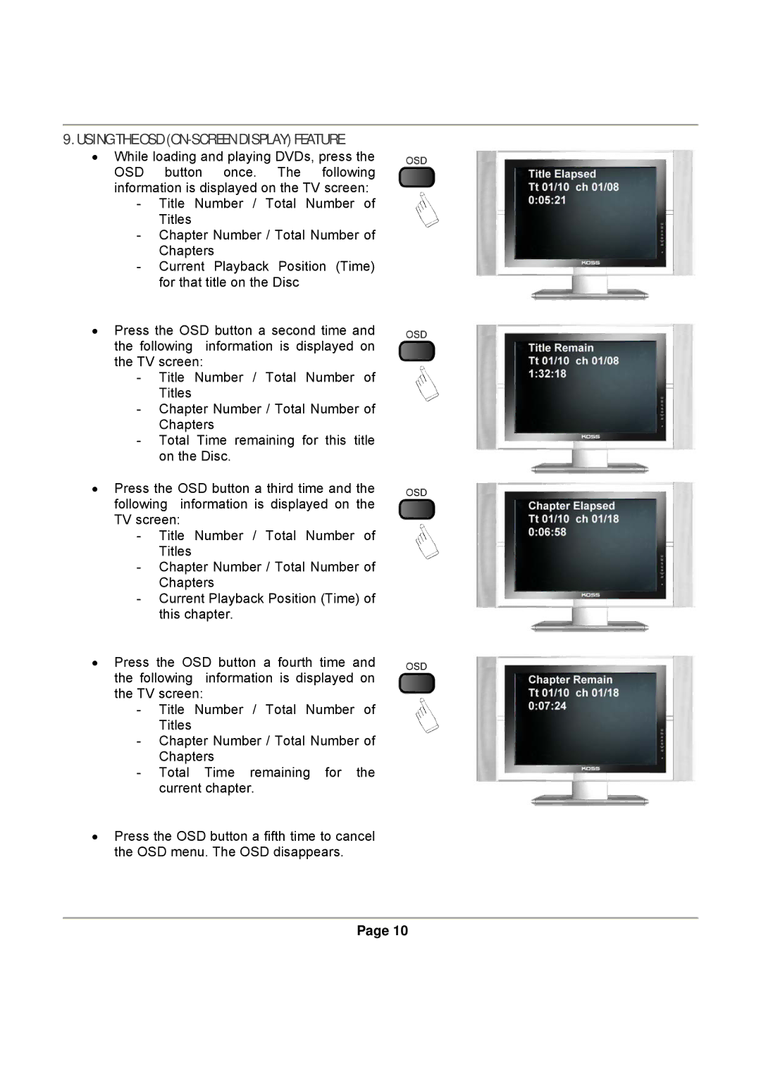 Magnasonic DVD830 instruction manual Using the OSD ON-SCREEN Display Feature 