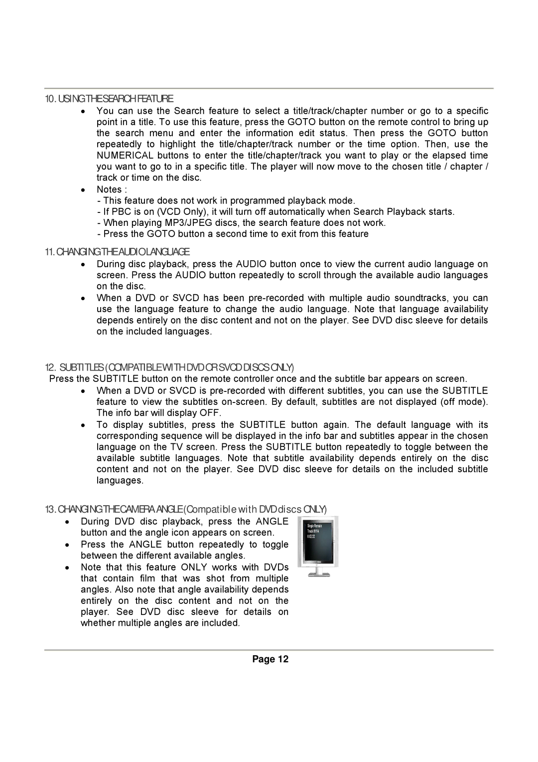 Magnasonic DVD830 Using the Search Feature, Changing the Audio Language, Subtitles Compatible with DVD or Svcd Discs only 