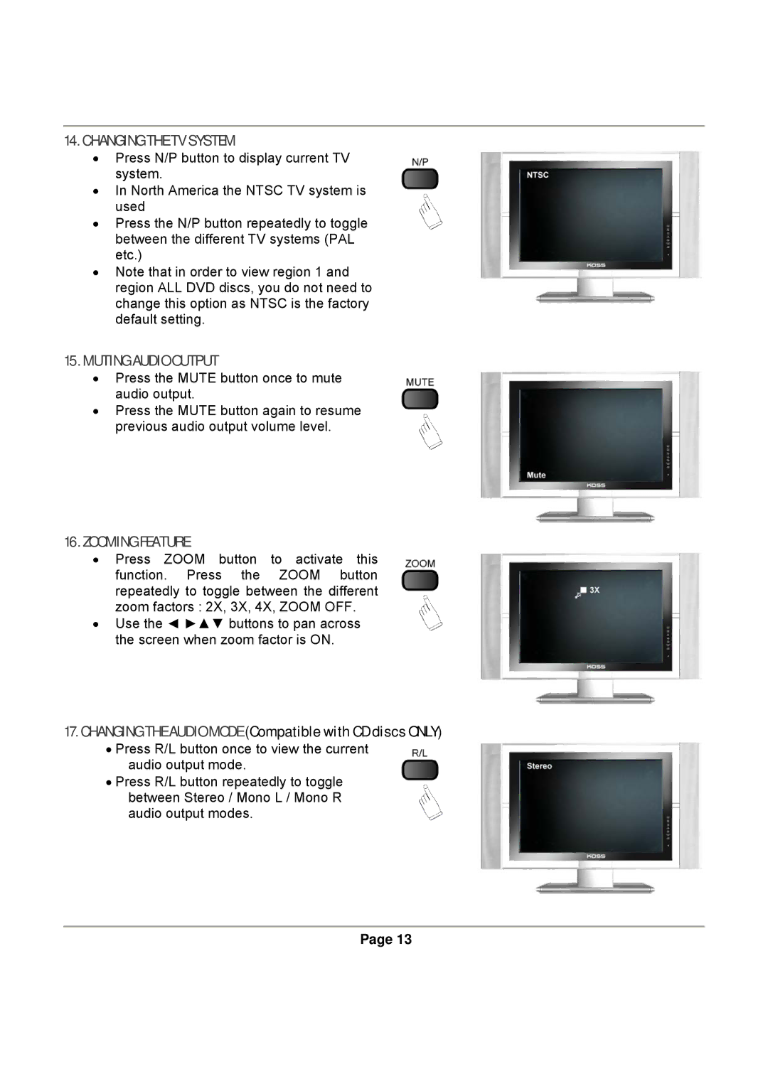 Magnasonic DVD830 instruction manual Changing the TV System, Muting Audio Output, Zooming Feature 