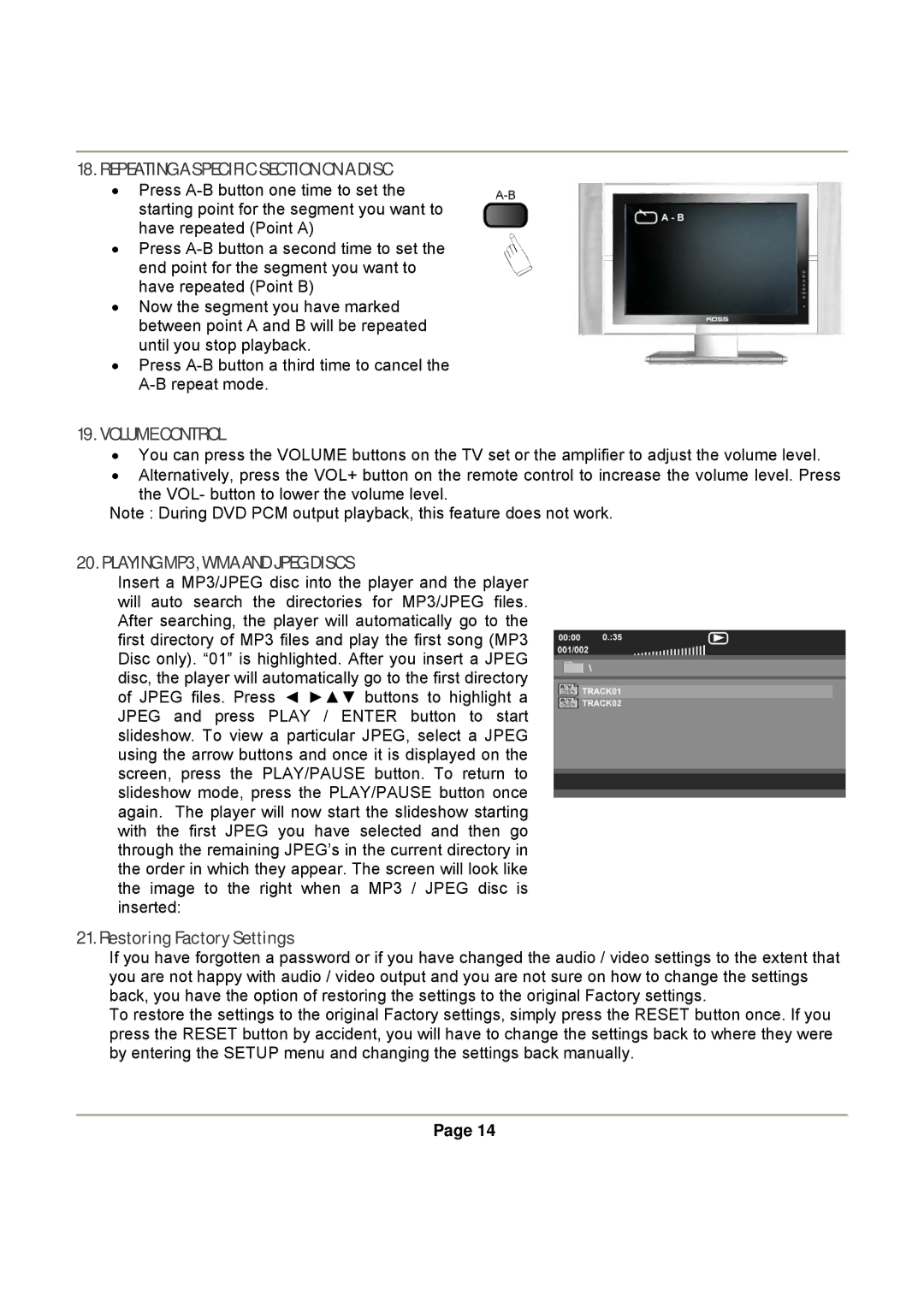 Magnasonic DVD830 Repeating a Specific Section on a Disc, Volume Control, Playing MP3, WMA and Jpeg Discs 