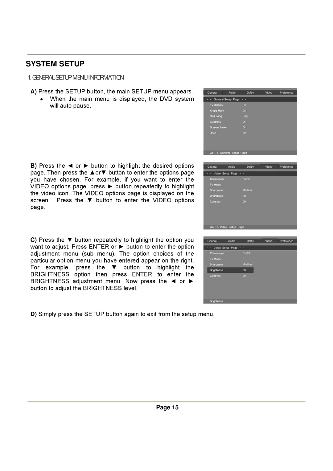 Magnasonic DVD830 instruction manual System Setup, General Setup Menu Information 