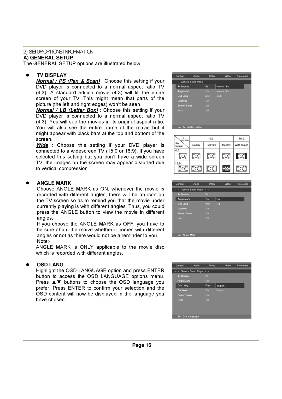 Magnasonic DVD830 instruction manual Setup Options Information, General Setup, TV Display, Angle Mark, OSD Lang 