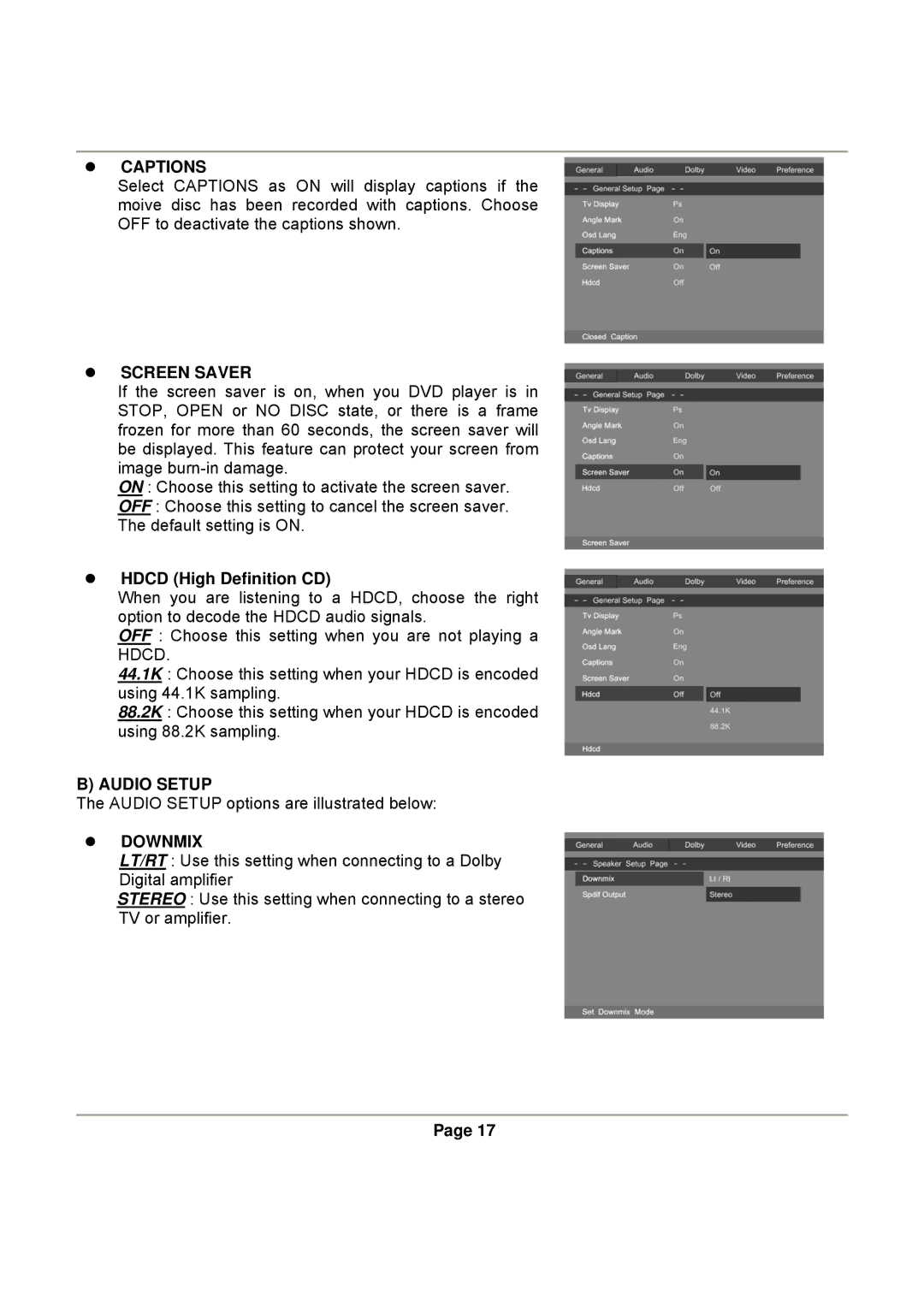 Magnasonic DVD830 instruction manual Captions, Screen Saver, Hdcd High Definition CD, Audio Setup, Downmix 