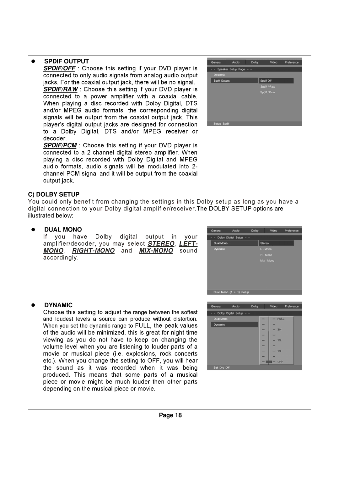 Magnasonic DVD830 instruction manual Spdif Output, Dolby Setup, Dual Mono, Dynamic 